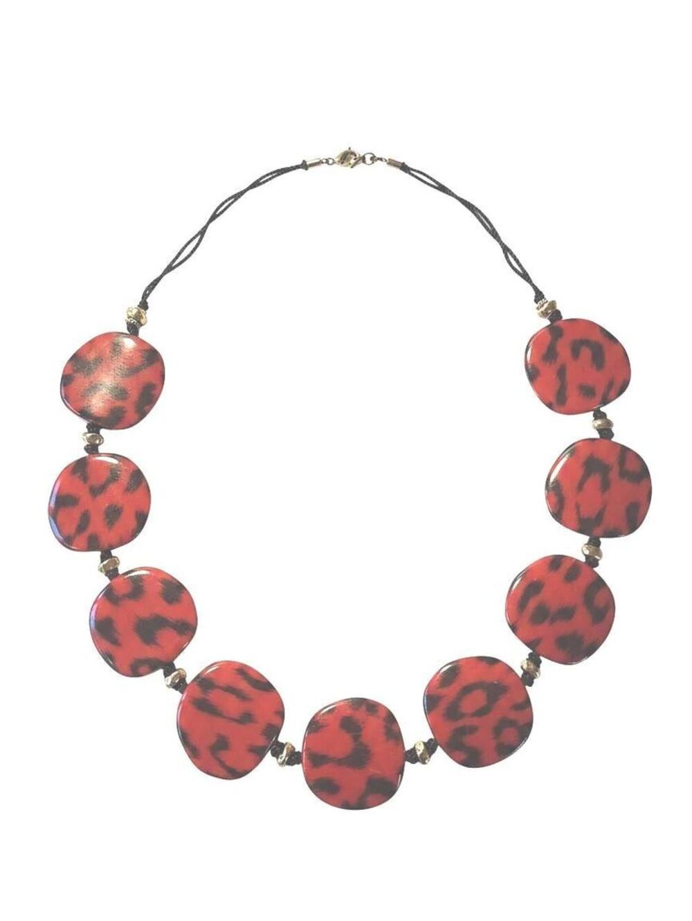 Red Leopard Print Necklace, Flat Disc Bead Choker, Bold Animal Print Jewelry